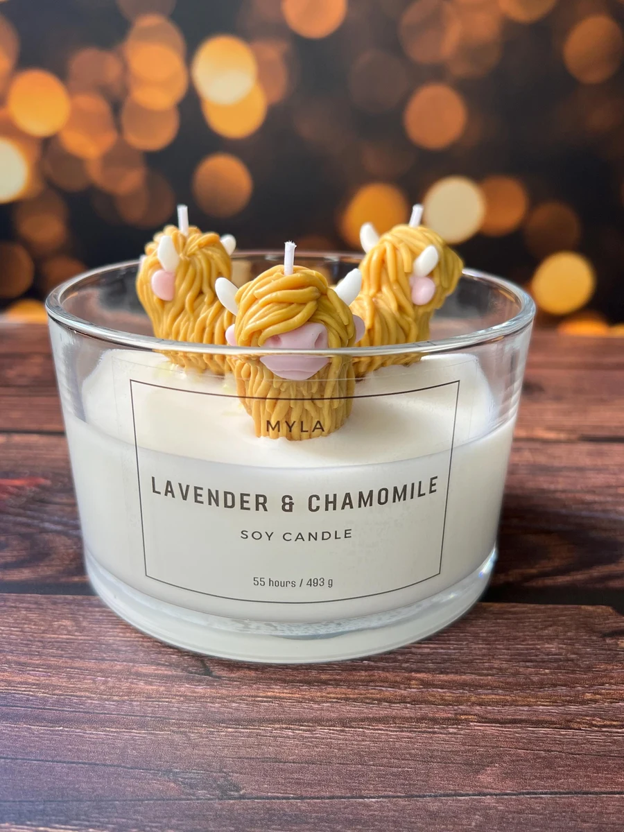 Myla Soaps 55 cl Highland Cow candle with three Highland Cow wax figures, labelled Lavender & Chamomile